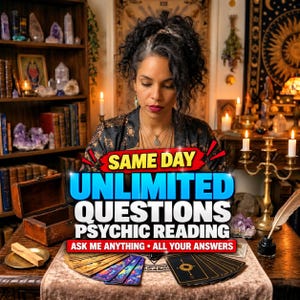 May include: A psychic reading service advertisement featuring a person behind a table with tarot cards, a wooden box, and a quill pen. The text reads: SAME DAY UNLIMITED QUESTIONS PSYCHIC READING ASK ME ANYTHING • ALL YOUR ANSWERS.
