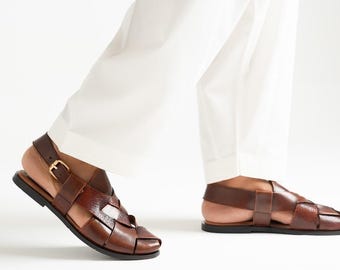 Handgemaakte geweven leren visserssandalen voor heren, echt comfortabel rundleer met slingback