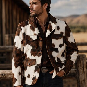 May include: A jacket featuring a brown and white cowhide print pattern, a collared neckline, long sleeves, and four front pockets with button closures. The jacket is worn over a dark brown button-down shirt and dark blue denim jeans.