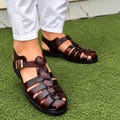 Handmade Full Grain Leather Fisherman Sandals, Brown Adjustable Buckle, Non-Slip Sole