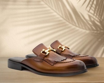 Handmade Leather Fringe Mule Loafers, Brown Bit Detail Slip-On Shoes