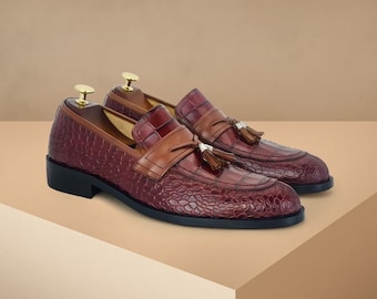 Handmade Leather Tassel Loafers for Men, crocodile emboss, two tone burgundy brown, slip on dress shoes, cushioned insole