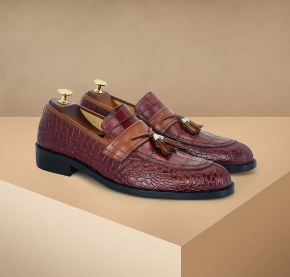 Handmade Leather Tassel Loafers, Crocodile Emboss, Burgundy 