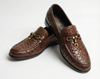 Handmade Woven Leather Loafers for Men, tassel bit detail, brown dress shoes, handcrafted in small batches, cushioned insole