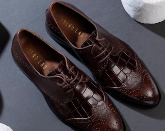 Handcrafted Brown Leather Wingtip Oxford lace-up Dress Shoes, Crocodile-Embossed