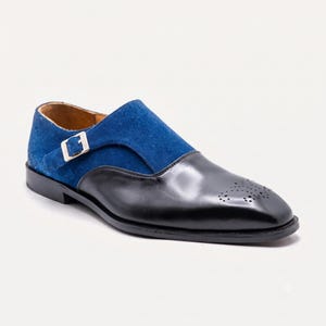 Handmade Blue Suede Monk Strap Shoes, Black Leather Dress, Men's Formal Wedding Footwear