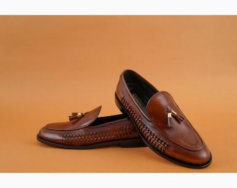 Brown Leather Tassel Loafers, Handmade Mens Slip On Shoes, Woven Dress Shoes, Formal Wedding Footwear