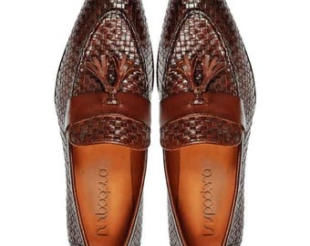 Handcrafted Woven Calfskin Tassel Loafers, Brown Leather Dress Shoes