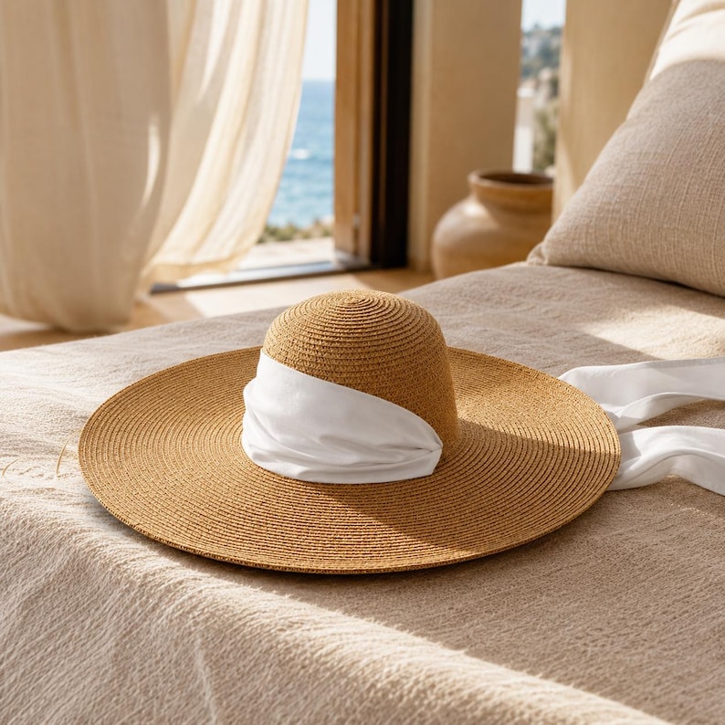 Peut inclure: Un chapeau de soleil &agrave; larges bords avec une couronne et un bord tiss&eacute;s bruns, et un bandeau en tissu blanc. Le chapeau repose sur une surface beige, avec une vue sur l'oc&eacute;an en arri&egrave;re-plan. Le chapeau est con&ccedil;u pour la protection solaire.
