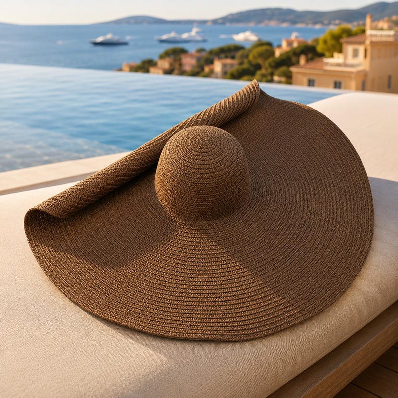 May include: A large, brown sun hat with a wide brim and a rounded crown. The hat is made of woven material and is resting on a beige surface. The hat's brim is partially rolled up, revealing the interior.