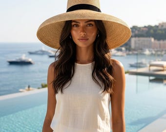 Boater Straw Hat Women — Wide Brim Beach Vacation Hat, Black Ribbon, Elegant Sun Hat, Old Money Aesthetic, French Riviera Style