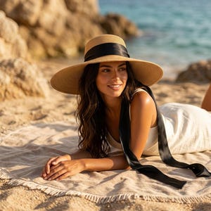 Peut inclure: Un chapeau de soleil &agrave; larges bords de couleur beige avec un ruban noir et un n&oelig;ud. Le chapeau est port&eacute; par une personne allong&eacute;e sur une serviette de plage. La personne porte une robe cr&egrave;me. L'arri&egrave;re-plan montre la mer et des rochers.