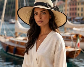 Wide Brim Sun Hat Women Oversized, Floppy Straw Hat Black Bow, Packable Beach Hat UV Protection, Bridal Beach Hat Foldable