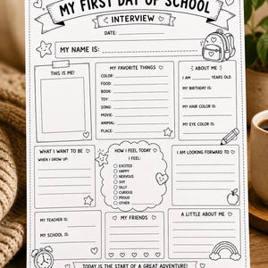 May include: A black and white printable first day of school interview sheet featuring sections for name, favorite things, personal details, future aspirations, and feelings. The page includes illustrations of a backpack, pencil, apple, and alarm clock.