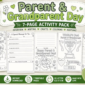 May include: A 7-page printable activity pack for Parent and Grandparent Day featuring black and white coloring sheets, interview questions, and writing prompts. The pages include illustrations of families, a trophy, and hearts, sized at 8.5 x 11 inches.