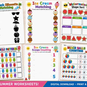May include: Six educational summer-themed worksheets featuring colorful illustrations of beach items, ice cream cones, popsicles, and watermelons. The pages include activities like matching silhouettes, sorting shapes, counting objects, and completing patterns.