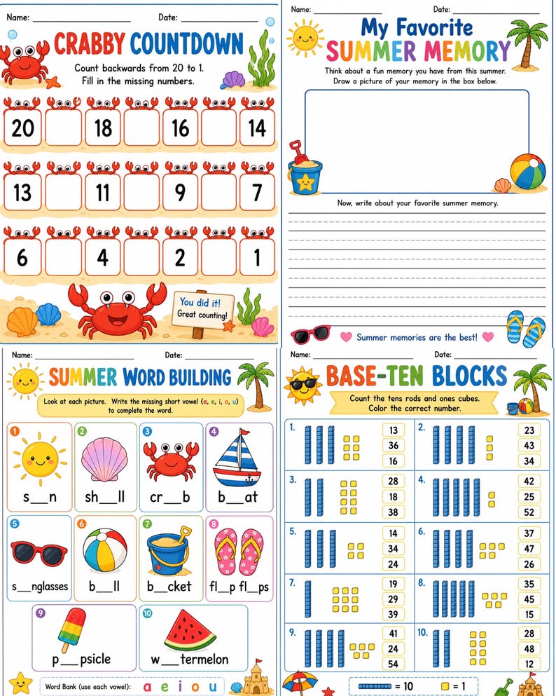 1st Grade Summer Learning Packet | Math Reading Writing Worksheets (PDF Download) image 3