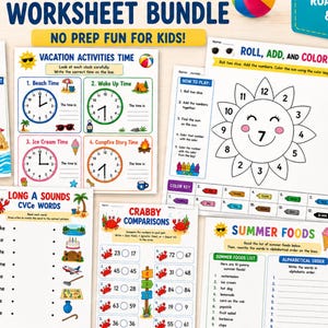 May include: A colorful summer-themed worksheet bundle for kids. The image features various educational activities, including time-telling, addition, and vocabulary exercises. The worksheets are designed with bright colors and summer-related illustrations, such as clocks, ice cream, and beach scenes.