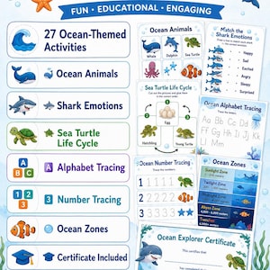 May include: An Ocean Learning Pack educational set featuring 27 ocean-themed activities, including animal identification, shark emotion matching, sea turtle life cycles, alphabet and number tracing, ocean zones, and an Ocean Explorer Certificate.