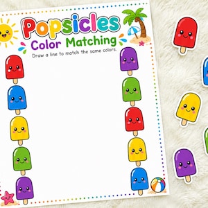May include: A white educational worksheet titled Popsicles Color Matching with the text Draw a line to match the same colors. It features colorful cartoon popsicles in red, blue, yellow, green, and purple, along with a sun, palm tree, and beach ball.