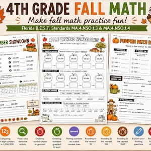 Könnte beinhalten: Drei mathematische Arbeitsblätter für die 4. Klasse mit dem Titel 4th Grade Fall Math, verziert mit herbstlichen Grafiken wie Kürbissen, Äpfeln und Eichhörnchen. Die Seiten enthalten Übungen zum Vergleichen von Zahlen und zum Runden.