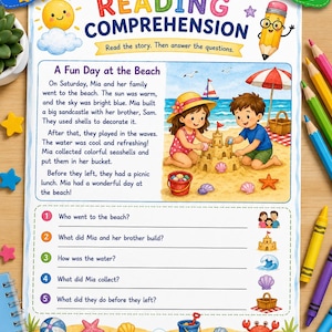 Può includere: Un colorato foglio di lavoro educativo intitolato "Comprensione della lettura" con un tema spiaggia. L'illustrazione mostra due bambini che costruiscono un castello di sabbia. Il foglio di lavoro include una storia e domande.