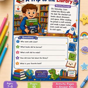Puede incluir: Una hoja de trabajo de comprensión lectora titulada Page 2 - Reading Comprehension A Trip to the Library. Incluye un niño de dibujos animados con libros, un pasaje de lectura, cinco preguntas numeradas e ilustraciones de cohete y dinosaurio.