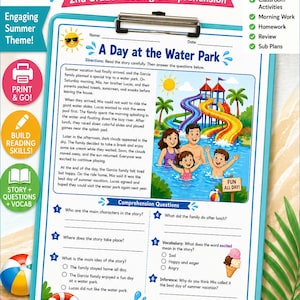 Puede incluir: Una hoja de trabajo de comprensión lectora de segundo grado titulada A Day at the Water Park en un portapapeles. Incluye una historia corta sobre la familia Garcia, una ilustración colorida de niños en una piscina con toboganes y seis preguntas.