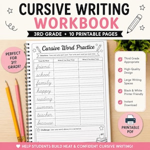 Puede incluir: Un cuaderno de ejercicios de escritura cursiva para 3er grado con 10 páginas imprimibles. La página presenta una tabla Cursive Word Practice con columnas para trazar y escribir palabras como friend, school, family, happy, reading, summer, teacher.