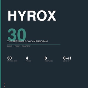 May include: Dark teal graphic with the word "HYROX" in white, and the number "30" in teal. Text below reads "THE BEGINNER'S 30-DAY PROGRAM". Additional text includes "BUILD RACE COMPETE", "30 TRAINING DAYS", "4 PHASES", "8 DISCIPLINES", and "0→1 LEVEL UP".