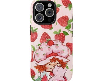 Strawberry Girl iPhone Case | Watercolor Strawberry Pattern, Retro Illustration Phone Cover