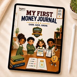 May include: A digital tablet displays a children's money journal titled "My First Money Journal." The cover features illustrations of children and the text "Earn. Save. Grow." Additional books and a pencil are also visible.