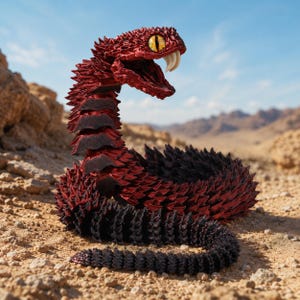 Pode incluir: Uma figura de cobra articulada impressa em 3D com um esquema de cores vermelho escuro e preto e uma superfície texturizada semelhante a escamas. A cobra tem a boca aberta revelando duas presas brancas e grandes olhos amarelos.