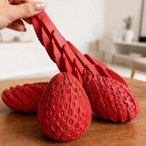 May include: A bright red, articulated, egg-shaped object with a textured, pitted surface resembling a strawberry. The object features segmented, wing-like panels that can be fanned out or collapsed, revealing a complex, layered internal structure.
