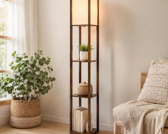 Rustic Brown Floor Lamp with 3 Shelves, Standing Shelf Lamp, Cozy Storage Light for Living Room Bedroom Office