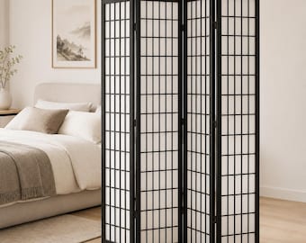 Divisória de Ambientes Japonesa em Preto e Branco, Biombo Dobrável de 4 Painéis, 170 cm, Estilo Shoji, em Madeira, para Quarto, Escritório e Decoração de Casa