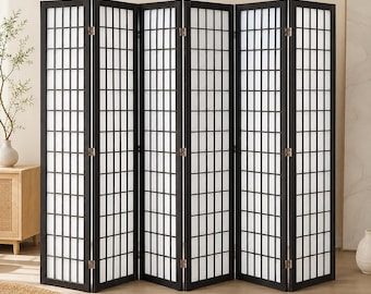 Schwarzer japanischer 6-teiliger Raumteiler, faltbarer Shoji-Sichtschutz, Raumteiler aus Holz für Schlafzimmer, Büro und Wohnbereich