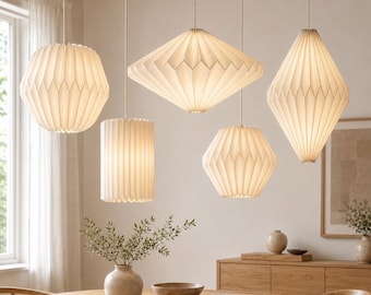 Nordic Paper Lantern Shade, Foldable Pendant Lamp Shade, Scandinavian Hanging Light Cover, Choose Your Shape, Japandi Home Decor