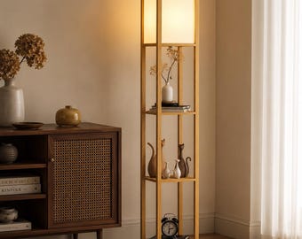 Lámpara de pie moderna de madera con estantes, lámpara de pie con almacenamiento, luz de esquina minimalista para sala de estar, dormitorio y oficina.
