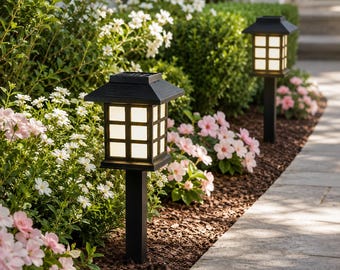 Confezione da 2 luci solari da esterno per vialetti, luci da giardino impermeabili con paletto, lanterne a LED per giardino, patio, vialetto e passo carraio