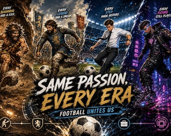 Soccer Evolution PNG Bundle | Caveman Medieval Knight Businessman Cyberpunk Football Artwork | T-Shirt Design