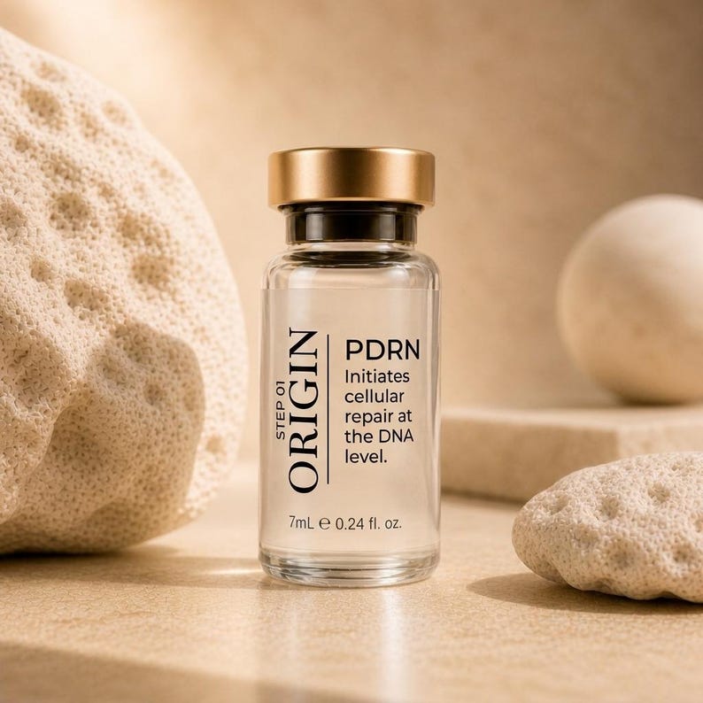 Puede incluir: Un vial de vidrio transparente con tapa dorada, etiquetado "ORIGIN" y "PDRN". El texto dice "Initiates cellular repair at the DNA level". El vial contiene 7 ml de l&iacute;quido transparente. El fondo incluye una piedra beige texturizada y una esfera blanca.