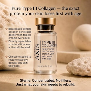 Puede incluir: Una botella de vidrio transparente de Col&aacute;geno Tipo III con tapa dorada, etiquetada "AXIS" y "TYPE III COLLAGEN". El texto destaca beneficios como la restauraci&oacute;n de la elasticidad y firmeza de la piel. La botella contiene 7 ml.