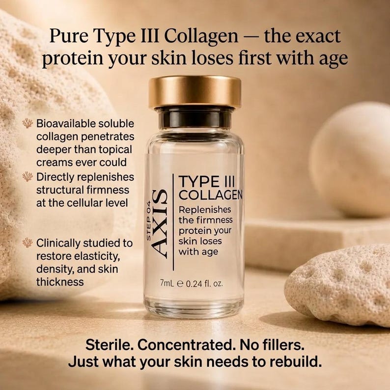 Puede incluir: Una botella de vidrio transparente de Col&aacute;geno Tipo III con tapa dorada, etiquetada "AXIS" y "TYPE III COLLAGEN". El texto destaca beneficios como la restauraci&oacute;n de la elasticidad y firmeza de la piel. La botella contiene 7 ml.