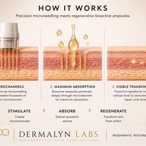Puede incluir: Una infograf&iacute;a que ilustra el proceso de microneedling con ampollas bioactivas regenerativas. La imagen muestra un dispositivo creando microcanales, seguido de la absorci&oacute;n y la transformaci&oacute;n visible. El texto incluye "How it Works" y "Dermalyn Labs."