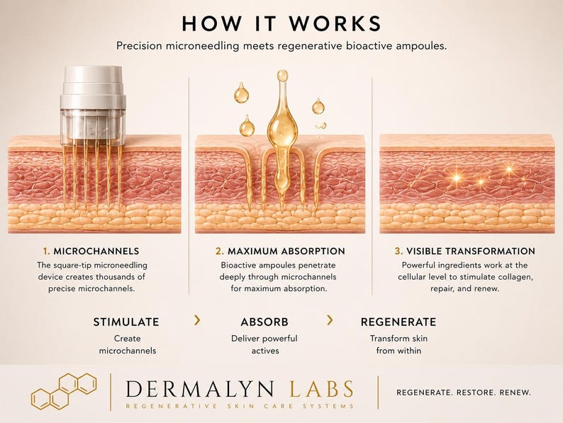 Puede incluir: Una infograf&iacute;a que ilustra el proceso de microneedling con ampollas bioactivas regenerativas. La imagen muestra un dispositivo creando microcanales, seguido de la absorci&oacute;n y la transformaci&oacute;n visible. El texto incluye "How it Works" y "Dermalyn Labs."