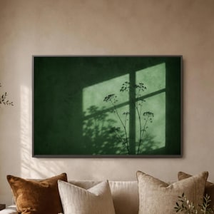 Green Botanical Shadow Wall Art Print, Minimal Window Light Decor, Moody Nature Poster, Sage Home Styling, Modern Calm Artwork