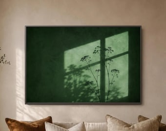 Green Botanical Shadow Wall Art Print, Minimal Window Light Decor, Moody Nature Poster, Sage Home Styling, Modern Calm Artwork