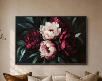 Moody Peony Wall Art Print, Burgundy Flower Poster, Cream Pink Blossom Decor, Dark Floral Arrangement, Teal Leaf Statement Artwork