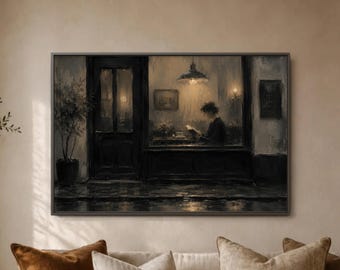 Rainy Cafe Window Wall Art Print, Woman Reading Book Poster, Warm Lamp Street Scene, Moody Coffee Shop Scene, Home Library Room Decor